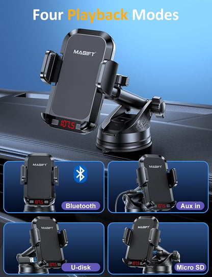 Bluetooth Car Adapter | with Phone Holder, PD 48W Fast Charging, Strong Microphone, HiFi Bass Sound, Hands-Free Call, Support USB/TF Drive