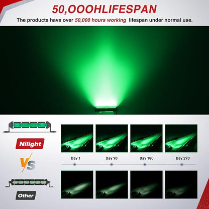 Nilight Slim LED Light Bar 2Pcs 7 Inch 16LED Single Row Spot Flood Combo Green Off Road Driving Fog Fishing Hunting Lighting for 12V 24V ATV UTV Pickup Truck Tractor Boat