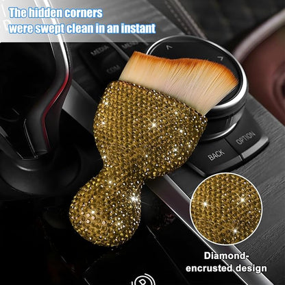 Bling Car Detailing Brush, Crystal Rhinestone Non-Scratch Vehicle Cleaning Dust Brush for Air Vent & Dashboard, Soft Bristles Automotive Interior Cleaning Tool, Universal Fit (Light Tea)