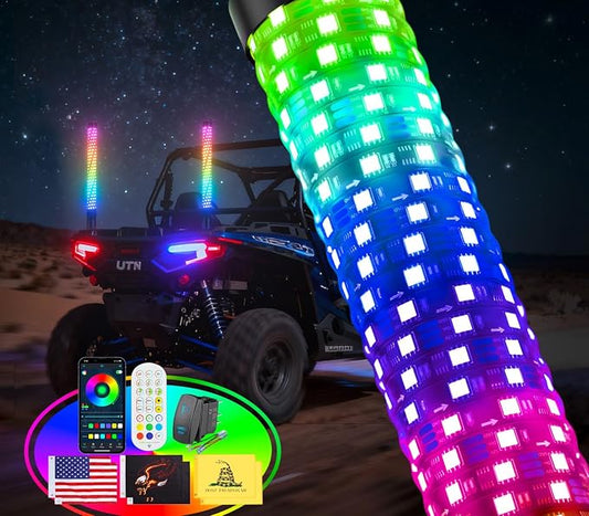 Ehaho 4FT Fat Whip Lights for UTV ATV, Led Fatty Whip Light W/Rocker Switch & 3 Flags, Brighter Spiral Chasing Lighted Antenna Whip with APP & Remote Control for RZR SXS