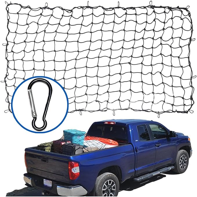 Osilly Cargo Net for Pickup Truck Bed, 4'x6' Stretches to 8'x12', Roof Rack Cargo Net with 12 Metal Carabiners & 1 Storage Bag, Small 4"x4" Latex Bungee Mesh, Car Exterior Accessories