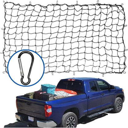 Osilly Cargo Net for Pickup Truck Bed, 4'x6' Stretches to 8'x12', Roof Rack Cargo Net with 12 Metal Carabiners & 1 Storage Bag, Small 4"x4" Latex Bungee Mesh, Car Exterior Accessories