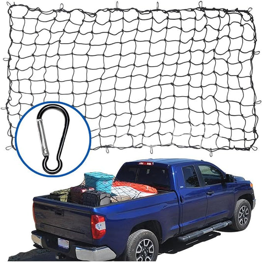 Osilly Cargo Net for Pickup Truck Bed, 4'x6' Stretches to 8'x12', Roof Rack Cargo Net with 12 Metal Carabiners & 1 Storage Bag, Small 4"x4" Latex Bungee Mesh, Car Exterior Accessories