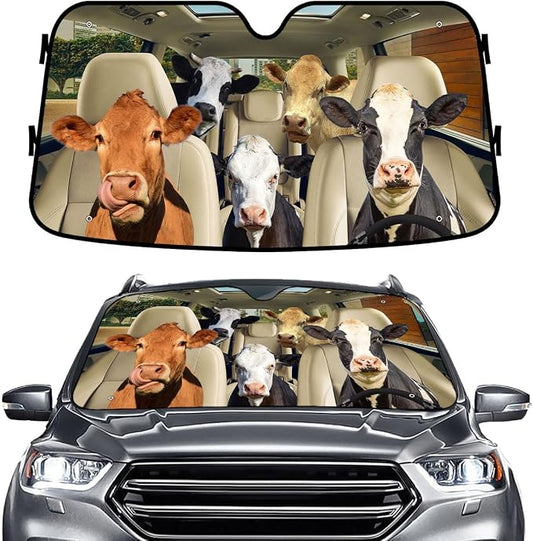 GENANY Cute Cow Family Funny Windshield Sun Shade for Car SUV Truck (55x30 Inches), Sun Shade Windshield, Protector Blocks UV, Spring Car Decor