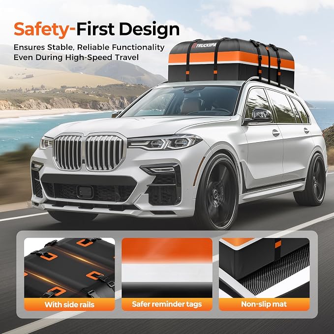 Truckiipa Car Rooftop Cargo Carrier Bag, 20 Cubic Feet Waterproof Roof Cargo Carrier Bag, Soft Shell Car Top Cargo Box for All Vehicles with/Without Racks, Anti-Slip Mat, Door Hooks, Luggage Lock