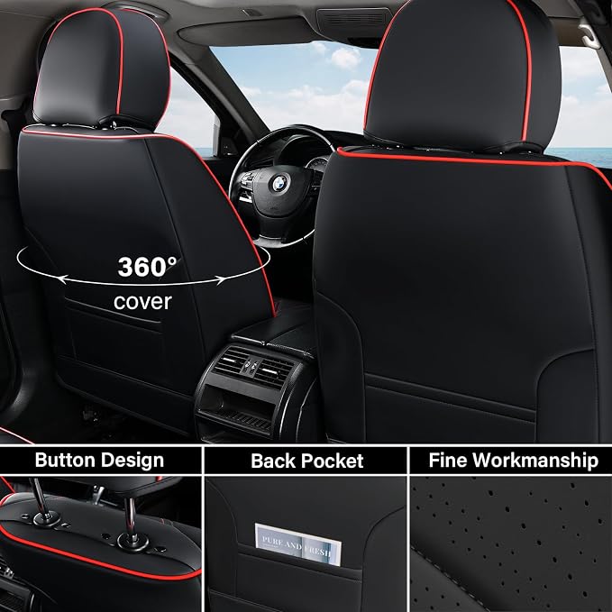 Coverado Front Seat Covers, Car Seat Covers Front Seats, Nappa Leather Seat Covers for Cars, Waterproof Seat Covers with Lumbar Support Universal Fit for Most Cars SUV Trucks (Front, Black-Red line)