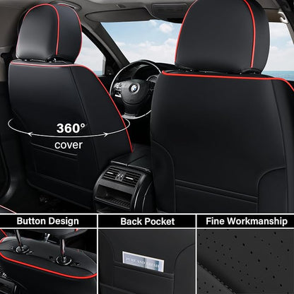 Coverado Front Seat Covers, Car Seat Covers Front Seats, Nappa Leather Seat Covers for Cars, Waterproof Seat Covers with Lumbar Support Universal Fit for Most Cars SUV Trucks (Front, Black-Red line)