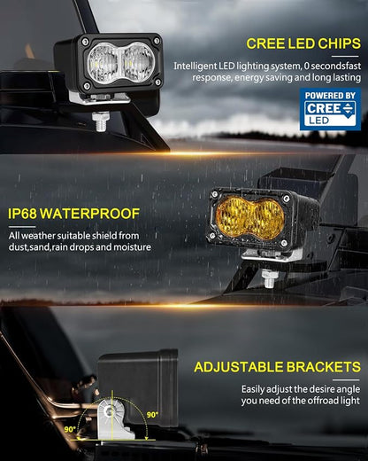 LED Pods 4Pcs 3" 80W Driving Flood CREE LED Pod Lights | White + Yellow Small Off Road Lights Backup Reverse Scene Lights for Trucks Motorcycle UTV ATV SUV Dirt Bike