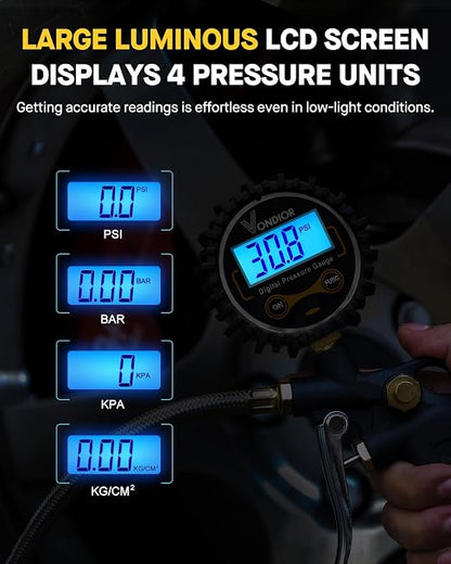 Vondior Digital Tire Pressure Gauge with Inflator, 250 PSI Heavy Duty Air Chuck with Tire Tread Depth Gauge, Stainless Steel Braided Hose with Quick Connect Coupler, Car Accessories