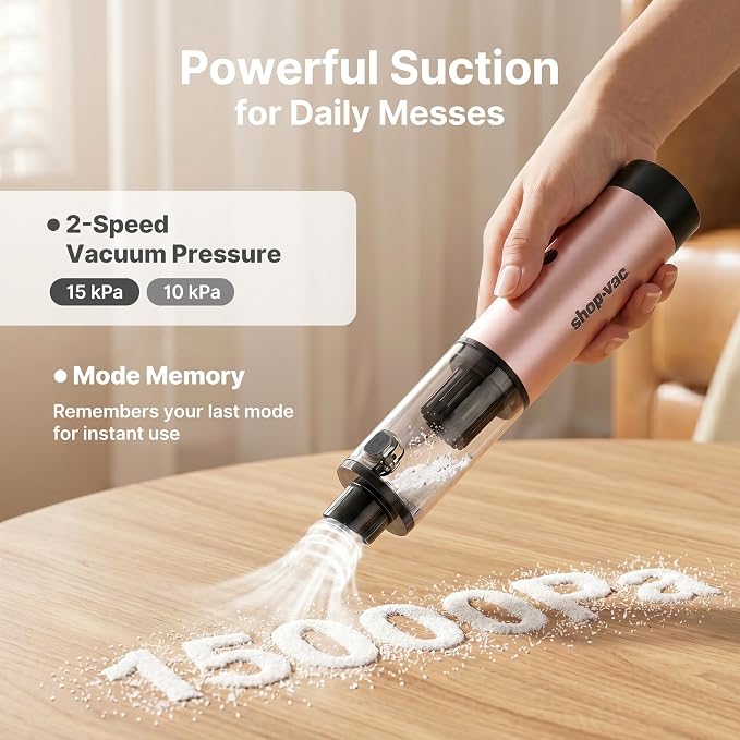 Shop-Vac S4 Mini Car Vacuum Cordless, 15000Pa 4-in-1 Portable Handheld Desk Vacuum & Air Duster with Brushless Motor, LED Light, Multi-Nozzles, 2 Modes, for Car, Office, Keyboard Cleaning (Champagne)