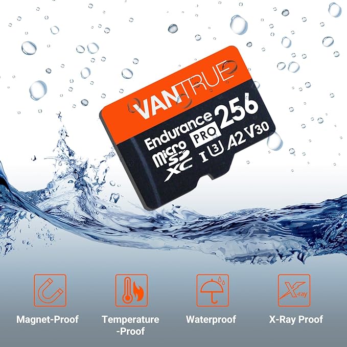 Vantrue 256GB microSDXC UHS-I U3 4K UHD Video High Speed Transfer Monitoring SD Card with Adapter for Dash Cams, Body Cams, Action Camera, Surveillance & Security Cams
