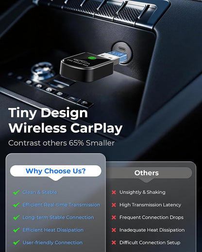 Wireless Carplay Adapter for iPhone Latest Upgrade, Tiny Bluetooth Dongle Convert Wired to Wireless for Apple Car Play Plug & Play, Zero-Lag Auto-Connect GPS Works with 2016+ Cars (Black)