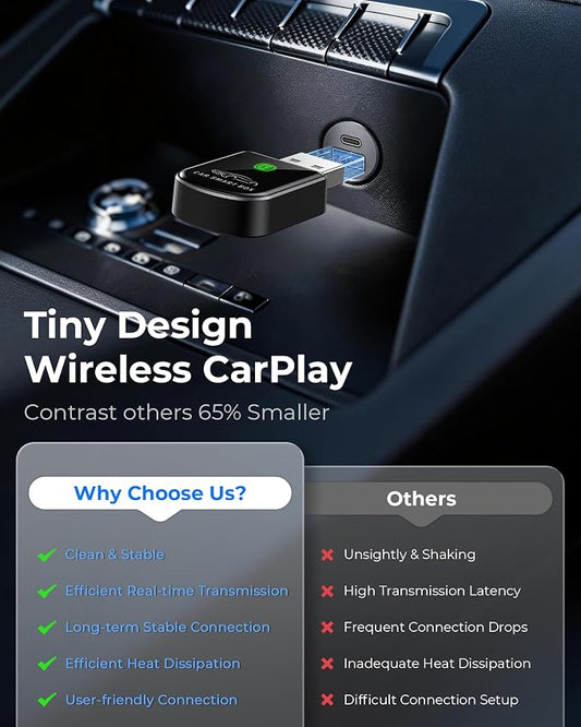 Wireless Carplay Adapter for iPhone Latest Upgrade, Tiny Bluetooth Dongle Convert Wired to Wireless for Apple Car Play Plug & Play, Zero-Lag Auto-Connect GPS Works with 2016+ Cars (Black)