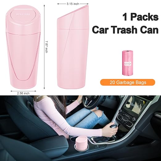 Car Trash Can, Leakproof Mini Car Garbage Can Cup Holder with Lid | Car Door Trash Bin with 20 Trash Bags, Vehicle Front Back Seat Organizers and Storage for Car, Home, Office, Pink