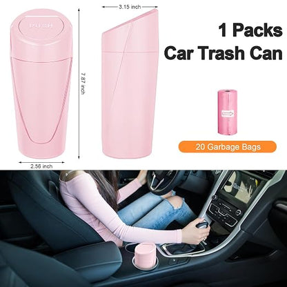 Car Trash Can, Leakproof Mini Car Garbage Can Cup Holder with Lid | Car Door Trash Bin with 20 Trash Bags, Vehicle Front Back Seat Organizers and Storage for Car, Home, Office, Pink