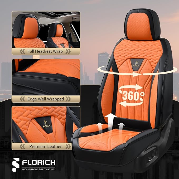 FLORICH Leather Seat Covers, Car Seat Covers Full Set, Car Seat Protectors 5 Seats, Automotive Seat Covers Driver Seat Covers Fit for Most Cars Trucks SUV-Black&Orange