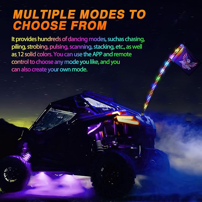Nilight RGB Whip Light 1PC 5FT Lighted Antenna Whips with Remote & App Control DIY Chasing Patterns Brake Reverse Lights for ATV UTV Polaris RZR Can-am Dune Buggy Pickup Trucks Jeep