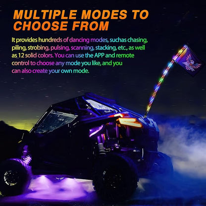 Nilight RGB Whip Light 1PC 5FT Lighted Antenna Whips with Remote & App Control DIY Chasing Patterns Brake Reverse Lights for ATV UTV Polaris RZR Can-am Dune Buggy Pickup Trucks Jeep