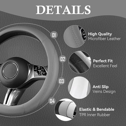 CAR PASS Microfiber Leather Steering Wheel Cover and Waterproof Car Floor Mats,Universal Car Combo Fit for 95% Sedan,SUV,Cars,14.5-15inch Anti-Slip Safety Comfortable Faux Leather Design(Solid Gray)