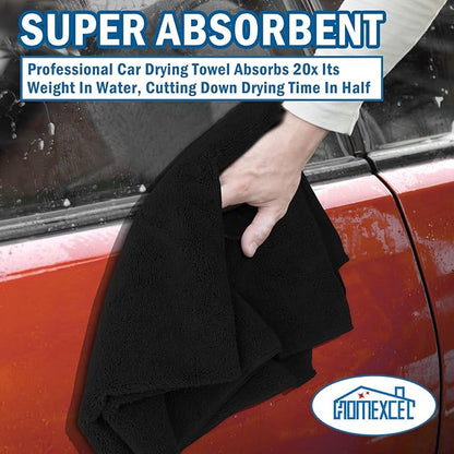 HOMEXCEL Professional Large Microfiber Car Drying Towels 4 Pack, Lint Free, Scratch Free, Highly Absorbent Drying Towel for Cars, SUVs, RVs, Trucks, and Boats,31" x 24 ", Black
