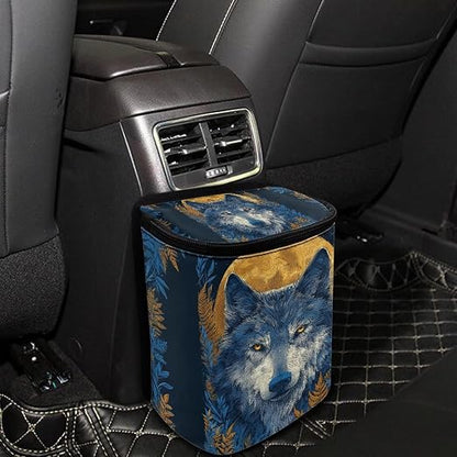 Talayituse Moon Wolf Leaf Print Car Trash Bin, Large Size Auto Trash Can Adjustable Portable Garbage Can with Lid, Vehicle Hanging Bag for Headrest Front Back Seat