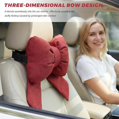 Cute Bow Car Headrest Pillow, Soft Comfortable Bow Auto Seat Pillow with Adjustable Strap, Breathable Ergonomic Neck Support Cushion Bowtie Decoration for Most Vehicles (Red)