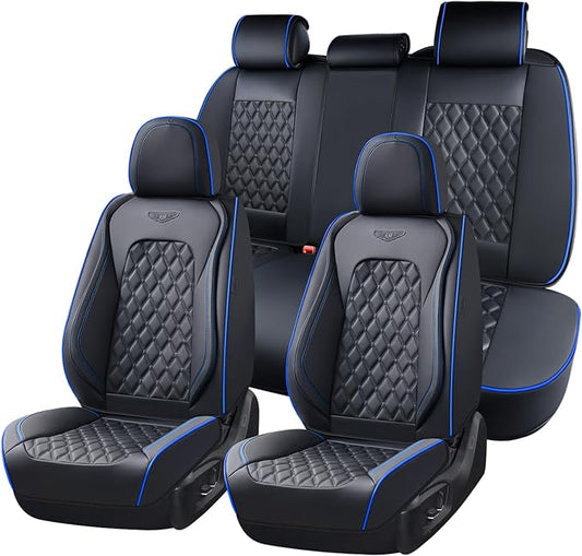 Coverado Full Set Car Seat Covers, Front & Back Luxury Faux Leather Waterproof Seat Covers,Car Seat Protectors, Universal Fit for Most Vehicles-Black & Blue