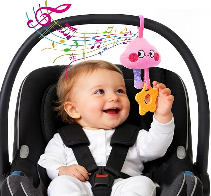Musical Car Seat Toy for Babies 0-12 Months Girl, Unicorn Activity Hanging Toy Accessories Stroller Toy with Soothing Music
