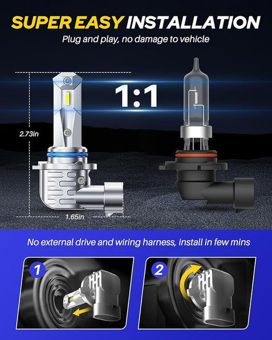 AUTOONE 9005/HB3 LED Light Bulbs, 40,000LM 900% Ultra Brightness, 6500K Cool White, 1:1 Halogen Size, Flicker-free 10-Years Long Service Life Fog Light with Cooling Fan, Plug and Play, Pack of 2