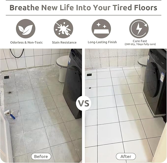 One Step Interior Floor Coating Kit, Water-based & Low Odor One-Step Floor Paint, High Hardness Waterproof Paint for Ceramic, Porcelain, Fiberglass, Hardwood, Laminate, Vinyl, 35OZ, White