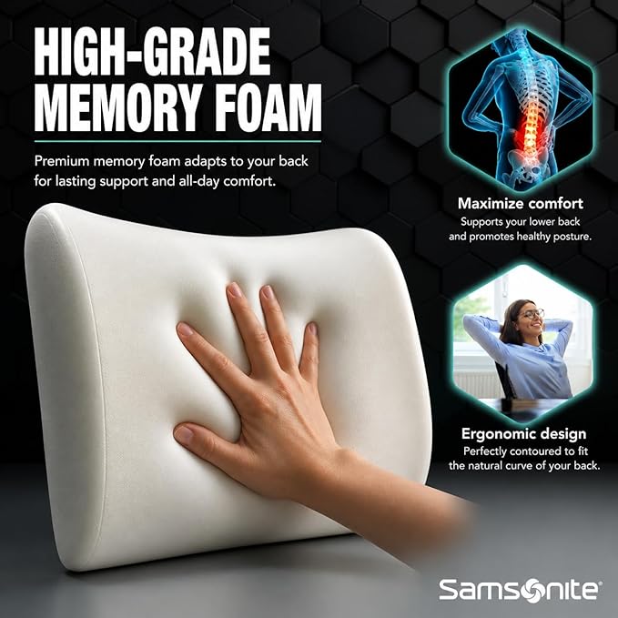 Samsonite Lumbar Support Pillow for Office Chair, Lower Back Support for Car, Back Pillow Desk Chair Cushion with Memory Foam, Improved Posture Backrest