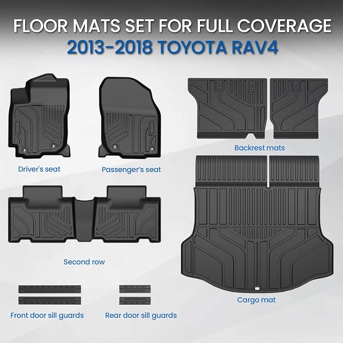 Floor Mats Set for 2013-2018 Toyota RAV4 Gas, All Weather TPE Floor Liners Trunk Mat Cargo Liner with Backrest Mat Door Sill Guards Accessories