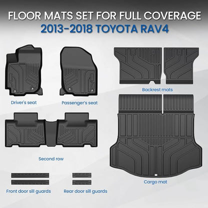 Floor Mats Set for 2013-2018 Toyota RAV4 Gas, All Weather TPE Floor Liners Trunk Mat Cargo Liner with Backrest Mat Door Sill Guards Accessories