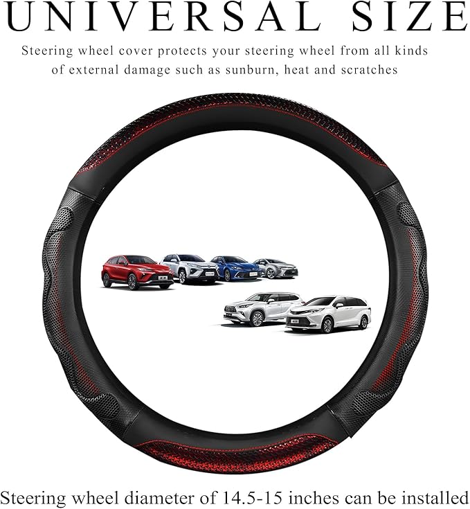 Car Steering Wheel Cover, 15 Inch Anti-Slip Steering Wheel Cover Protector with 3D Honeycomb Design, Universal Steering Wheel Covers for Truck SUV, Car Accessories (Red, Round Shape)