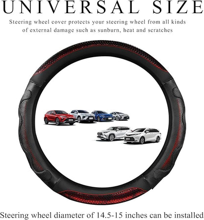 Car Steering Wheel Cover, 15 Inch Anti-Slip Steering Wheel Cover Protector with 3D Honeycomb Design, Universal Steering Wheel Covers for Truck SUV, Car Accessories (Red, Round Shape)