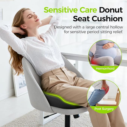 AUVON Sensitive Care Donut Pillow Seat Cushion for Hemorrhoids & Post-Surgery, Sciatica Relief, Donut Chair Cushions with Sloped Design for Thigh Pressure Relief, Memory Foam Lifting Cushions