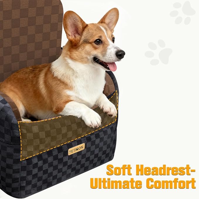 PETICON Waterproof Dog Car Seat for Small Medium Dogs, 6in Memory Foam Pet Booster Seat for Dogs up to 26 lbs with Pockets, Detachable Washable Pet Carseat with Y-Shape Safety Belt