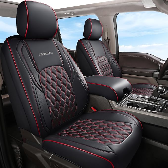 Huidasource Dodge Ram Seat Covers, Front & Rear Pickup Truck Leather Seat Cover Fit for 2009-2018 1500, 2010-2025 2500/3500 Crew Mega Cab, 2019-2025 ram 1500 Classic only(Full Set/Black&Red)