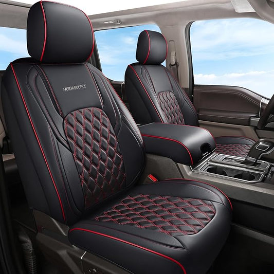 Huidasource Dodge Ram Seat Covers, Front & Rear Pickup Truck Leather Seat Cover Fit for 2009-2018 1500, 2010-2025 2500/3500 Crew Mega Cab, 2019-2025 ram 1500 Classic only(Full Set/Black&Red)