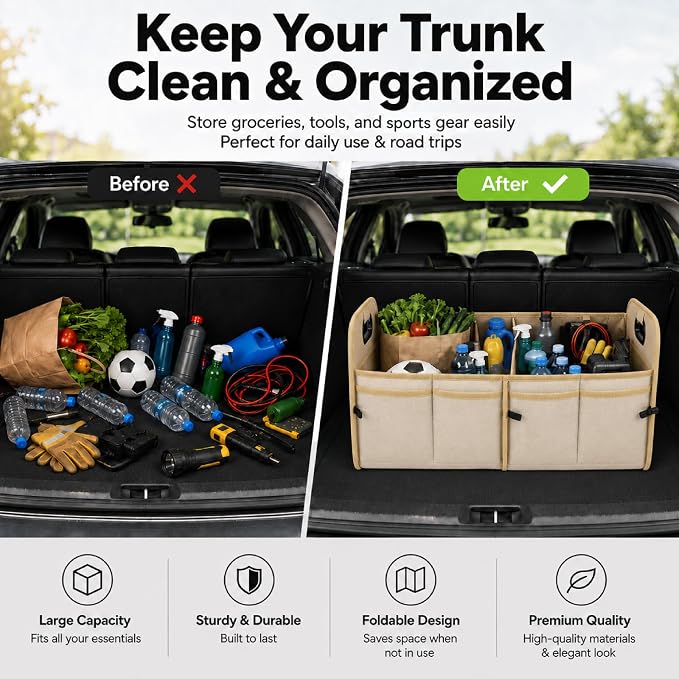 PAT SAM'S Trunk Organizer for SUV, Collapsible Car Trunk Organizer with Dividers, Waterproof 600D Oxford, Non-Slip Storage Organizer for Groceries, Tools, Travel, Truck & Car (Beige)