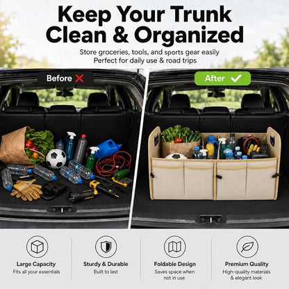 PAT SAM'S Trunk Organizer for SUV, Collapsible Car Trunk Organizer with Dividers, Waterproof 600D Oxford, Non-Slip Storage Organizer for Groceries, Tools, Travel, Truck & Car (Beige)