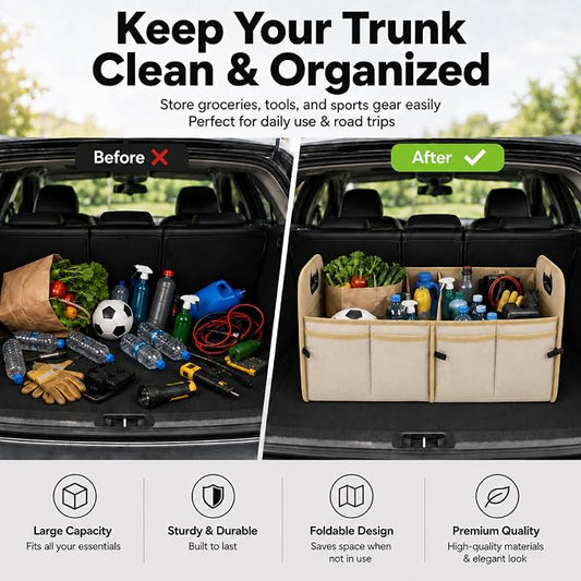 PAT SAM'S Trunk Organizer for SUV, Collapsible Car Trunk Organizer with Dividers, Waterproof 600D Oxford, Non-Slip Storage Organizer for Groceries, Tools, Travel, Truck & Car (Beige)