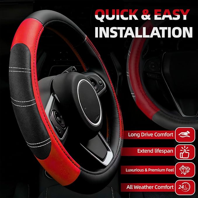 NBTEPEM 6 Pcs Red Car Accessories Set, Sport Leather Steering Wheel Cover 14.5-15inch Universal, Microfiber Leather Car Center Console Cover, Seat Belt Cushion, Cup Holder Coaster (Black-Red)