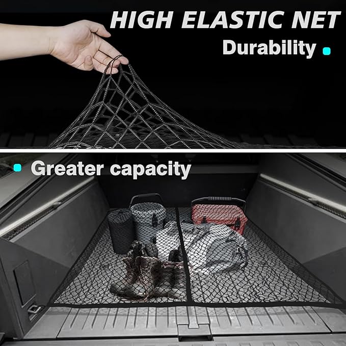 BestEvMod Cargo Mesh Net for Pickup Truck Bed Fit for Tesla Cybertruck 2026 2025 2024 Accessories Mesh Extra Strong Hook Stretchable Trunk Organizer Cargo Net (Whole Bed, Reinforced POM Hooks)