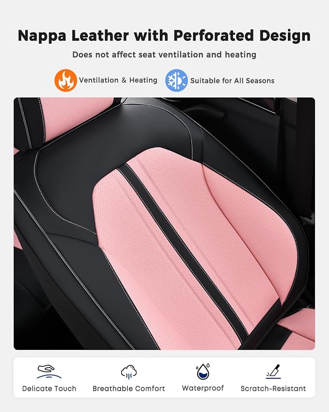 Huidasource Seat Covers Full Set, Luxury Faux Leather Seat Covers, Velcro Adjustable, with Airbags, Thinning Design Perforation Cooling＆Heating Universal Fit for Most Cars Vans Trucks SUVs, Black&Pink