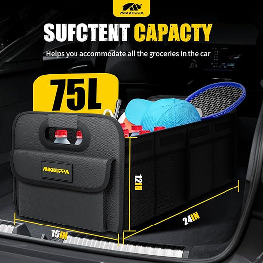 MIKKUPPA Car Trunk Organizer - 75L Collapsible Trunk Organizer for Groceries, Trunk Storage Organizers for SUV Auto Truck Van with Non Slip Bottom (Black)