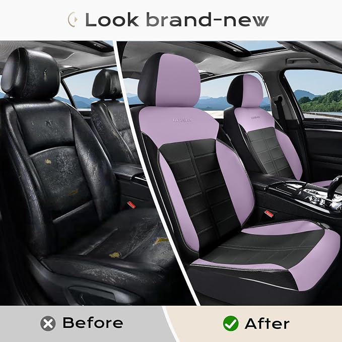 Coverado Front Seat Covers, Leather Car Seat Covers Luxury Automotive Seat Covers Waterproof Car Seat Protectors Universal Fit for Most Cars SUV Trucks Vehicles, Purple&Black