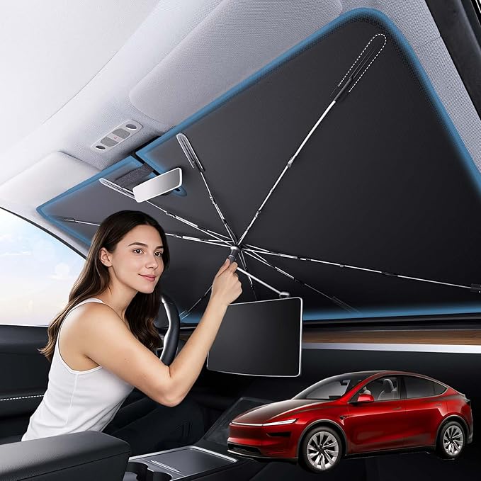 Zanch Upgrade Windshield Sun Shade, Custom Fit for Tesla Mode Y 2017-2026 [Titanium-Silver Reflective Coating] Blocks 99% UV & Heat, Sunshade Umbrella for Model Y 2017 ... 2024 2025 2026