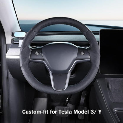Steering Wheel Cover for 2017-2023 Tesla Model 3 2020-2024 Tesla Model Y, Leather Steering Wheel Cover for Tesla Model 3/Y Accessories, Black