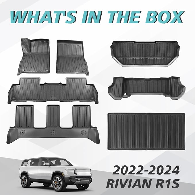 BestEvMod Compatible with Rivian R1S All Weather Cargo Liners Frunk Mat&Floor Liners&Trunk Mat Set Anti-Slip 3D Pattern TPE Waterproof Non-Slip 2022-2024 Accessories (R1S-Frunk+Floor+Trunk)